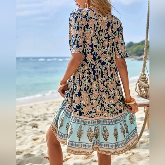 New Boho Chic Floral Print Smock Dress Navy Blue Tan White Green - Picture 5 of 8